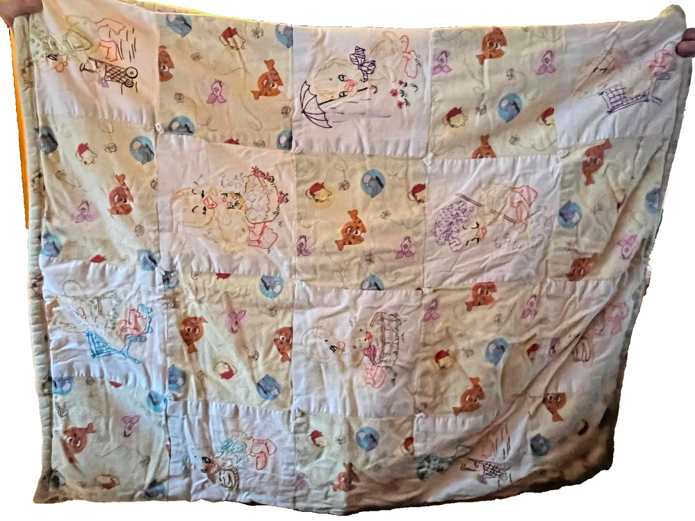 Vintage Doll/Child/Crib Quilt Patchwork with Embroidery Ducks